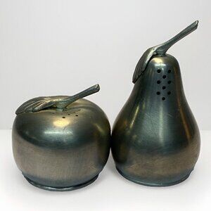 Vintage Pewter Salt And Pepper Shakers Apple & Pear Set Matte Silver Farmhouse